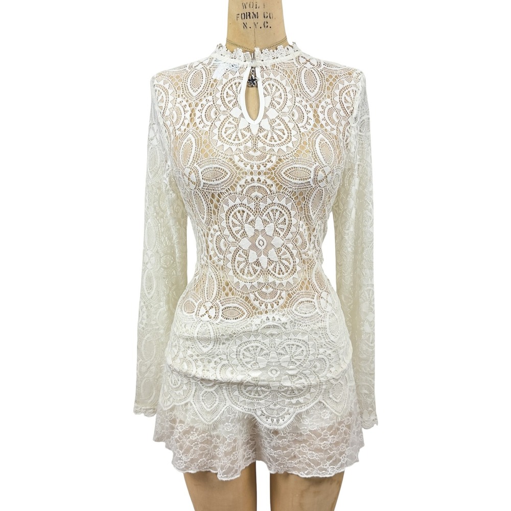 Victorian Crochet Lace Top Size M Flare Sleeve Mock Neck Prairie Goth Coquette